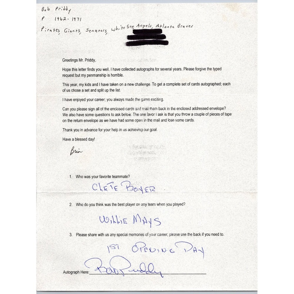 Bob Priddy Autograph Signed Letter Q&A Clete Boyer Willie Mays Baseball